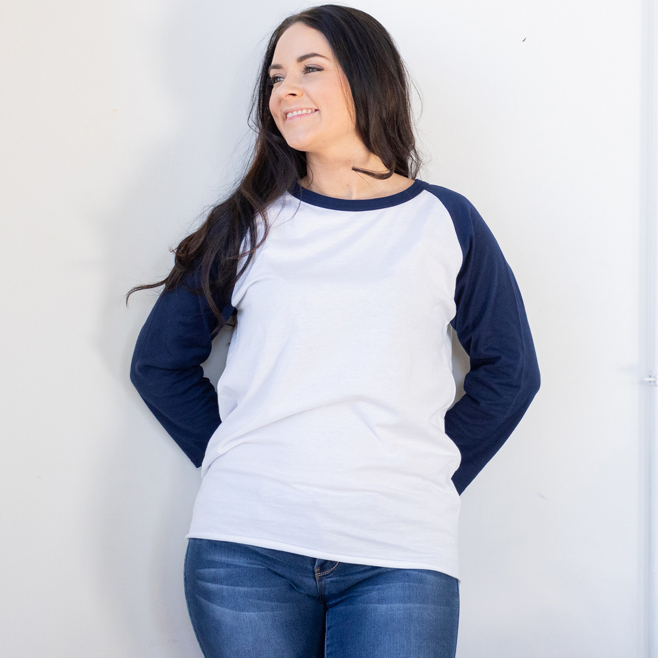 Plain Premium Baseball Tee (White/Navy) - B-WEAR